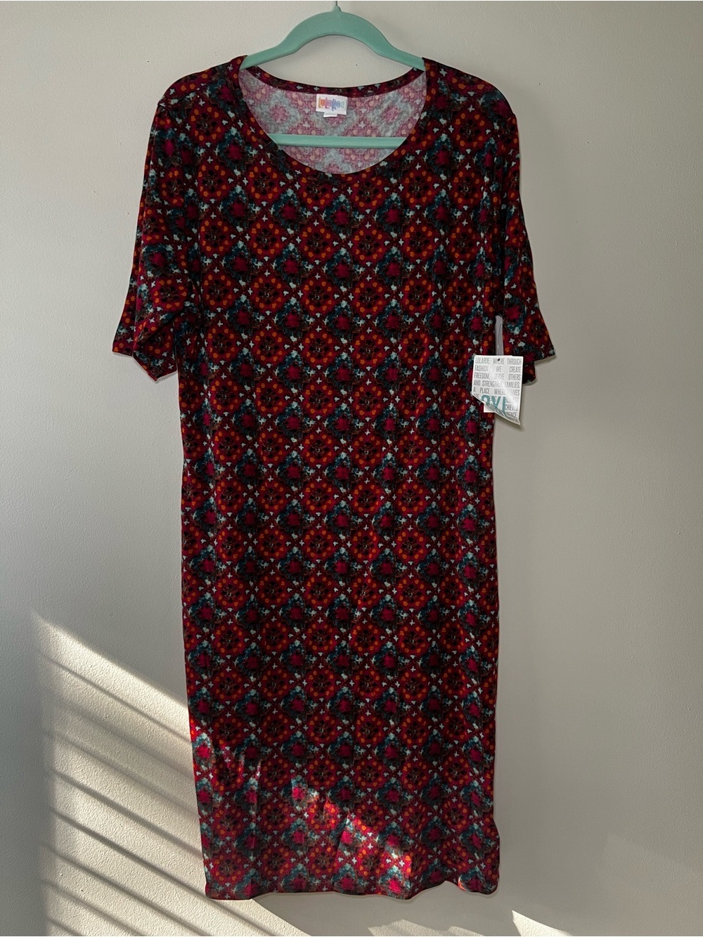 LuLaRoe Julia Red, Teal & Black Geometric Floral Dress